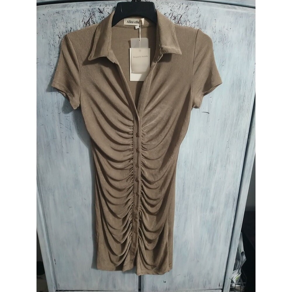 Alice Elle  Collared Short Sleeve Dress Nwt 10 Beige Sexy Classic Boho